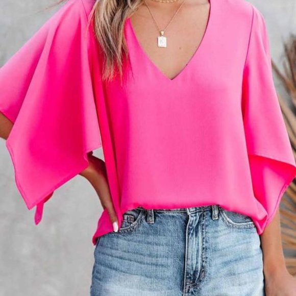 ONLY 1 LEFT! SLIT SLEEVE V NECKLINE BLOUSE - WHITE - Picture 5 of 7